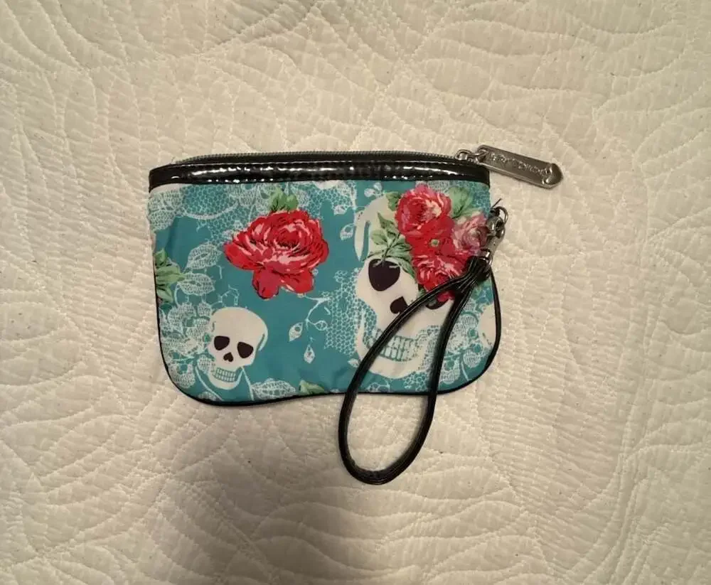 Betsey Johnson Skull and Floral Print Wristlet Cosmetic Pouch
